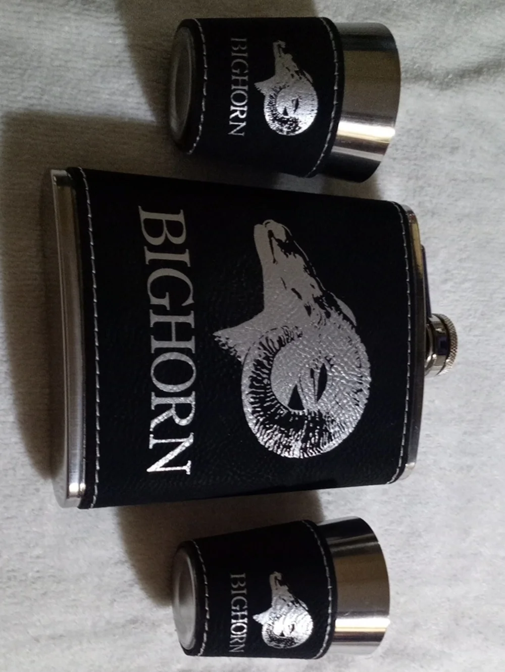 BIGHORN Black Leather Stainless Steel Flask Set